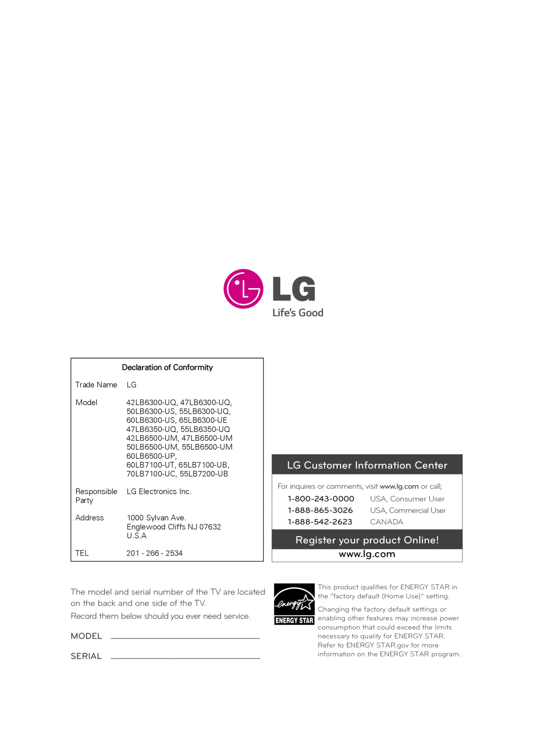 LG Electronics 50LB6300 LG Customer Information Center, Register your product Online, Declaration of Conformity, Canada 