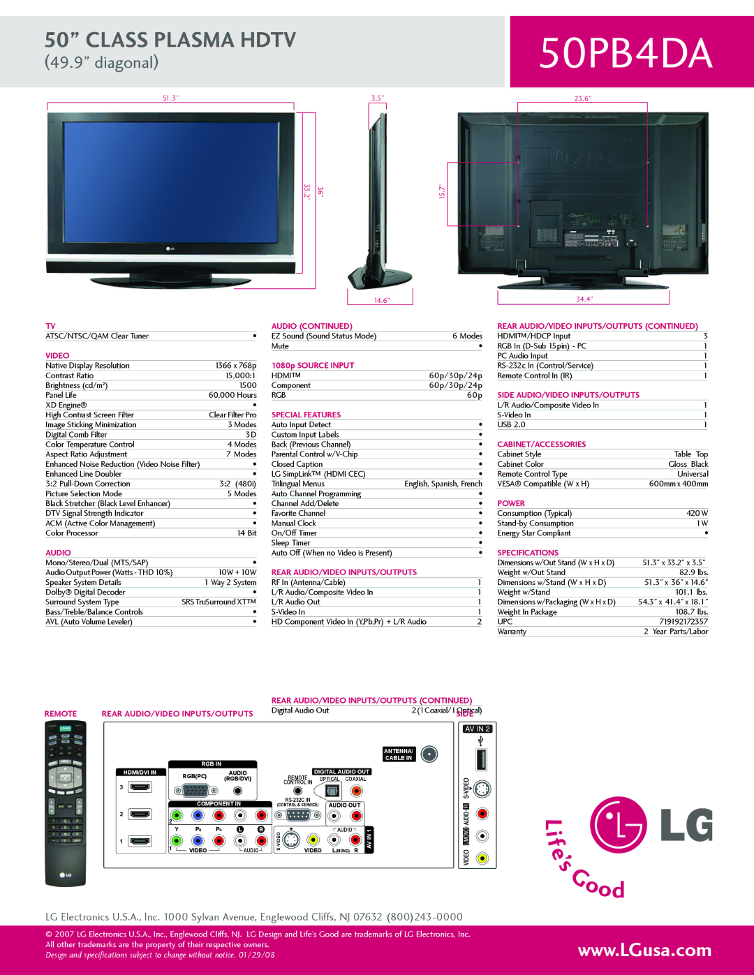 LG Electronics 50PB4DA manual Power, Remote Rear AUDIO/VIDEO INPUTS/OUTPUTS, Side 