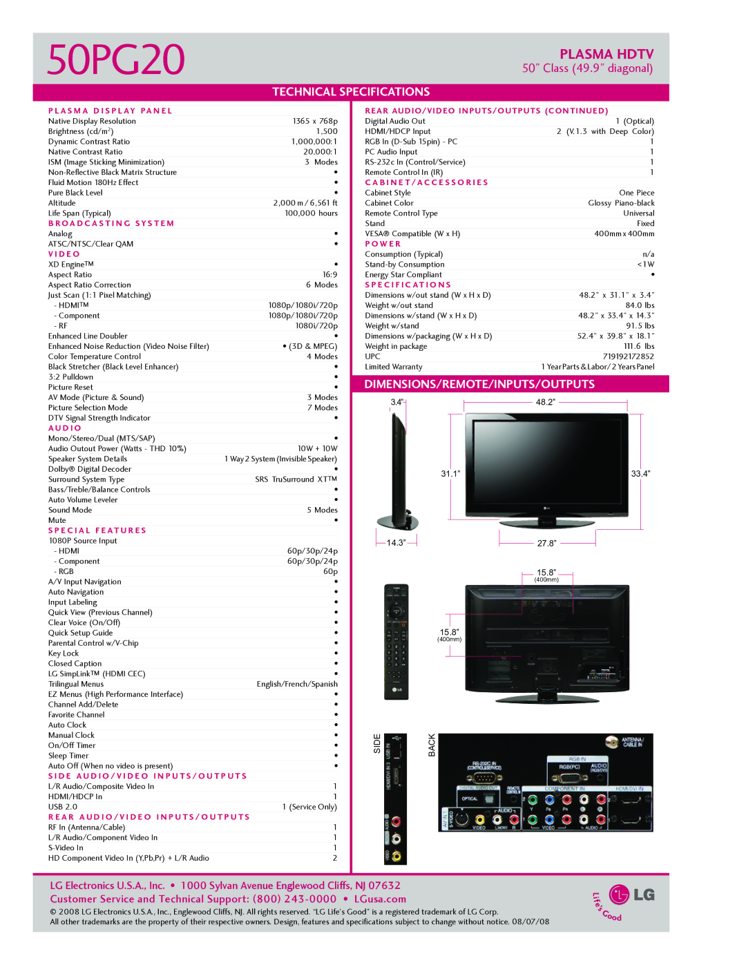 LG Electronics 50PG20 manual Technical Specifications, Dimensions/Remote/Inputs/Outputs 