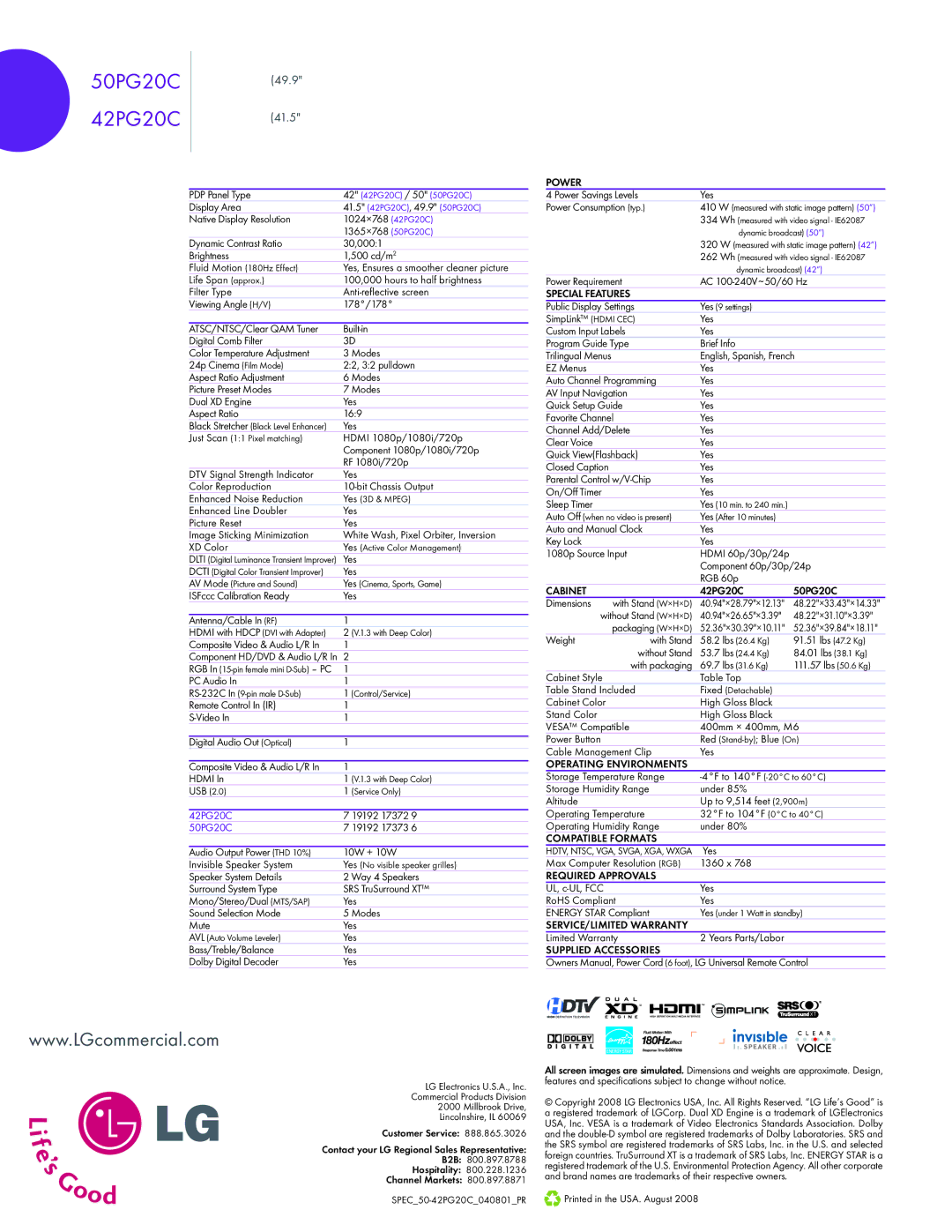 LG Electronics warranty Specifications, 42PG20C 50PG20C 