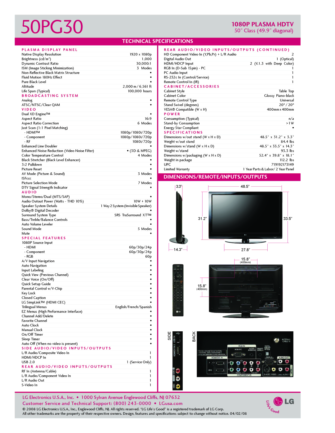 LG Electronics 50PG30 manual Technical Specifications, Dimensions/Remote/Inputs/Outputs 