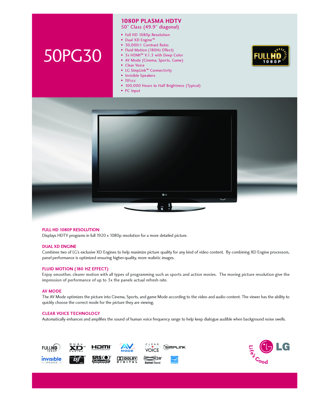 LG Electronics 50PG30 manual 1080P PLASMA HDTV 50” Class 49.9” diagonal, Full HD 1080p Resolution, Dual Xd Engine, Av Mode 