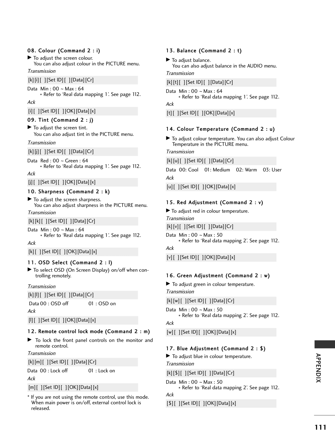 LG Electronics 42PG69, 50PG69 Kl Set ID DataCr Data 00 OSD off, Km Set ID DataCr Data 00 Lock off, $ Set ID OKDatax 