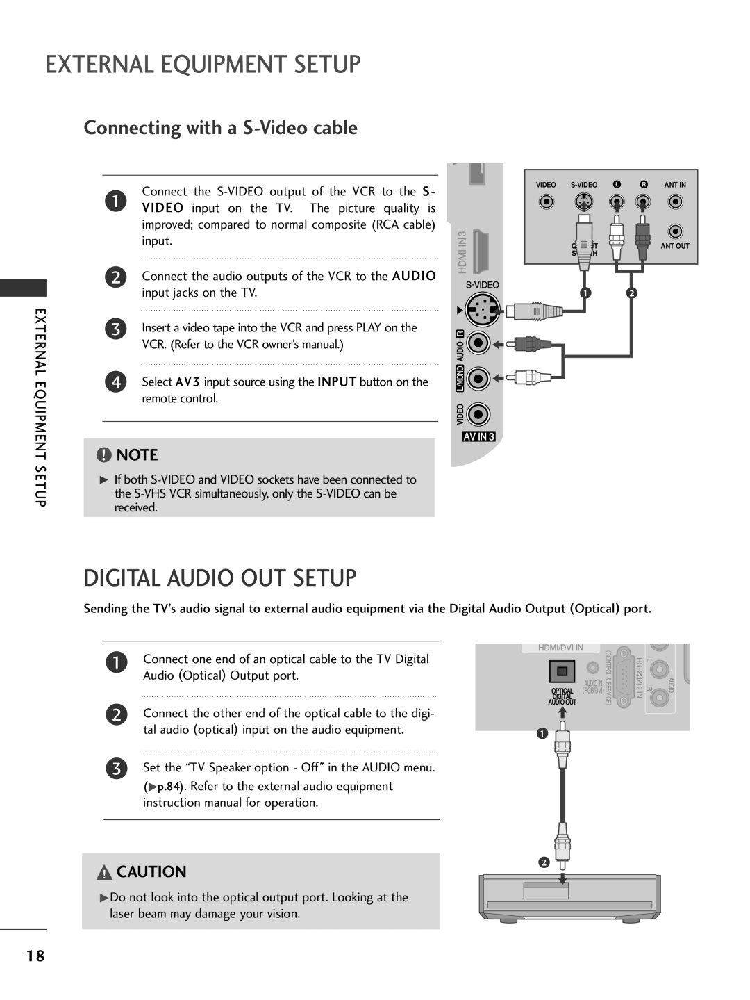 LG Electronics 50PG69, 42PG69 owner manual Digital Audio OUT Setup, Connecting with a S-Video cable 