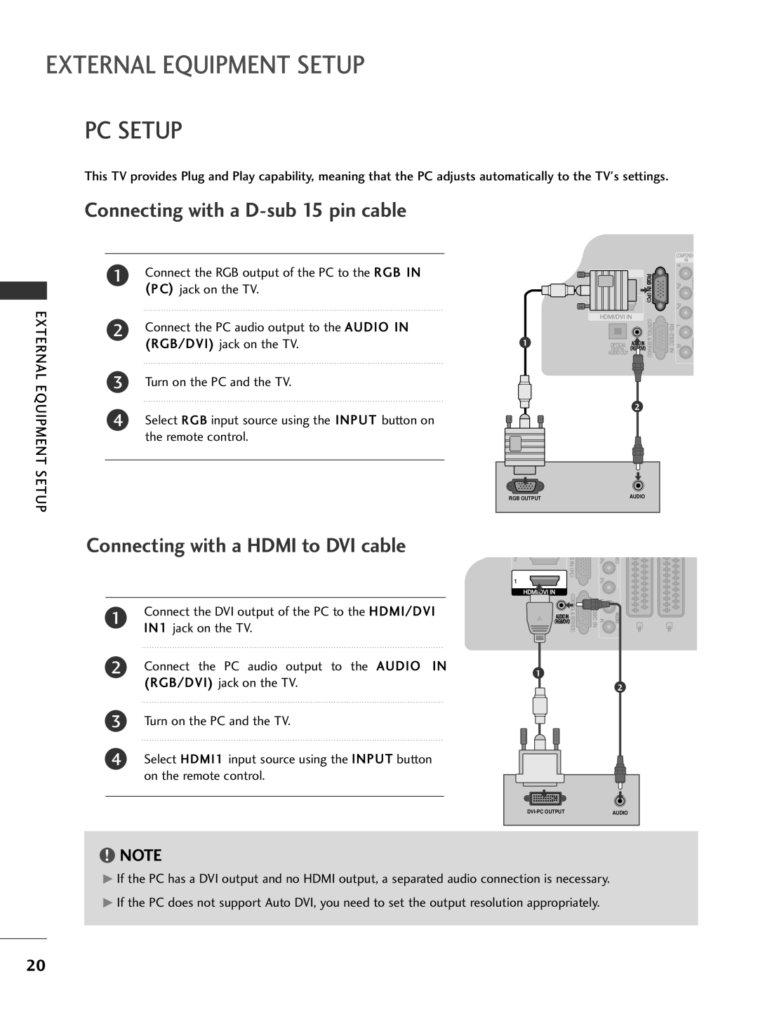 LG Electronics 50PG69, 42PG69 owner manual PC Setup, Connecting with a D-sub 15 pin cable 