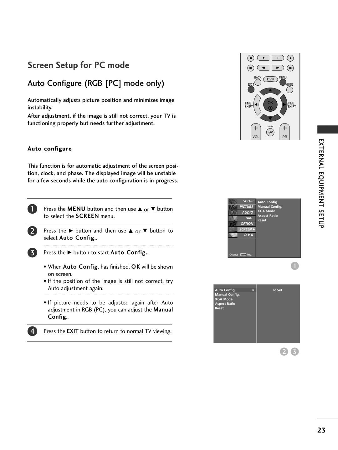 LG Electronics 42PG69, 50PG69 owner manual Screen Setup for PC mode, On screen, Auto adjustment again, Config 