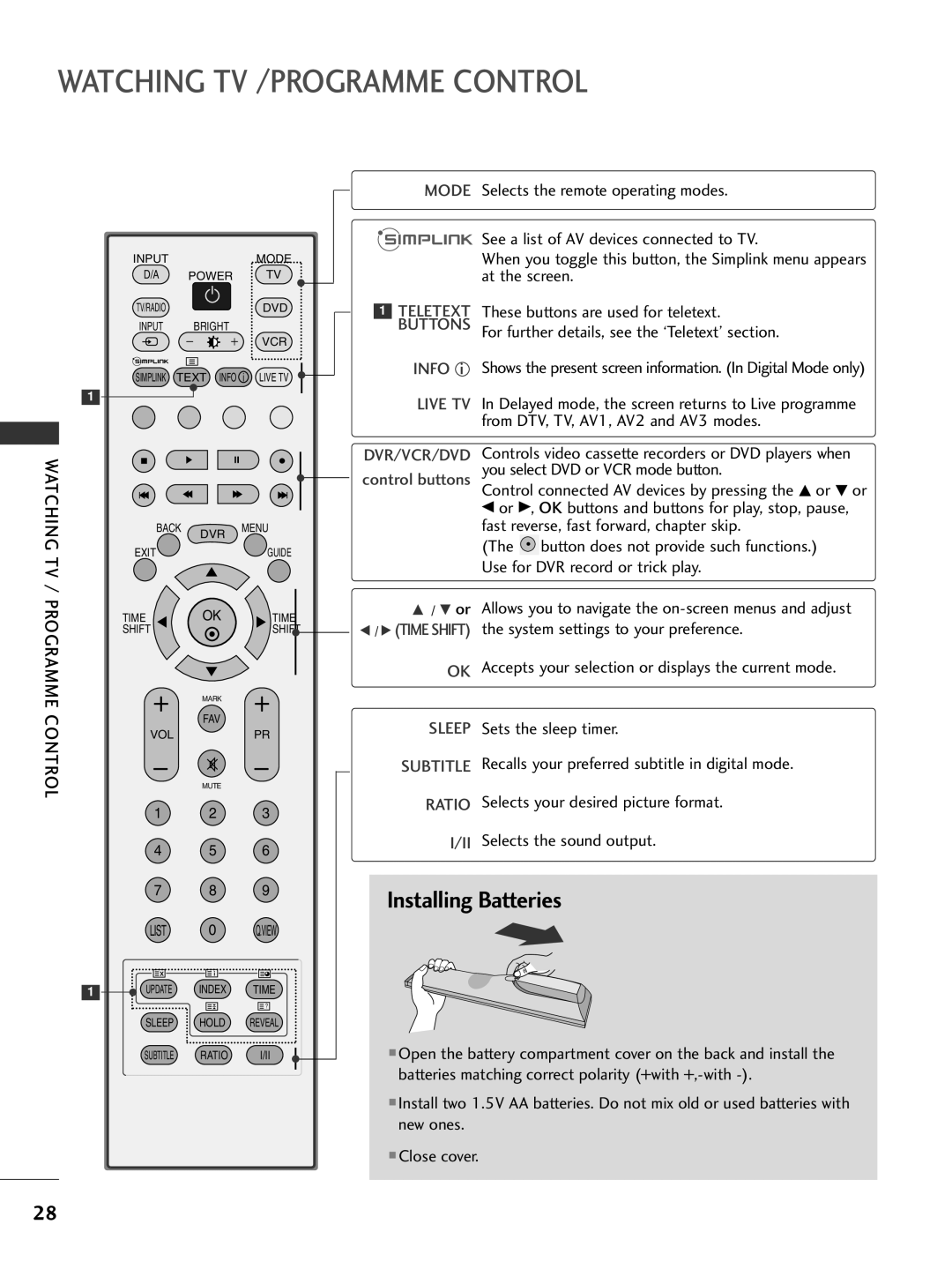 LG Electronics 50PG69, 42PG69 owner manual Watching TV /PROGRAMME Control, Mode Selects the remote operating modes 