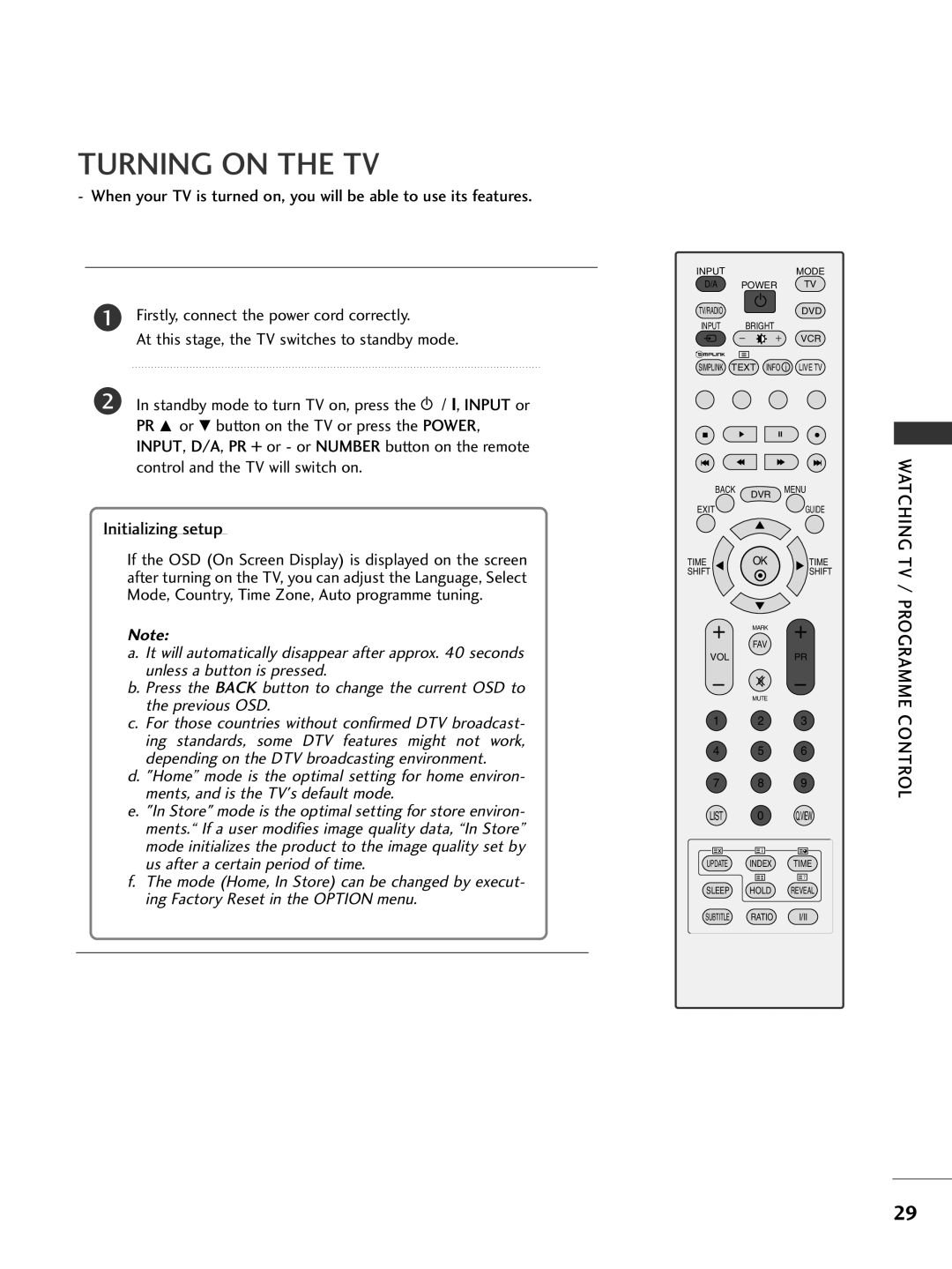 LG Electronics 42PG69, 50PG69 owner manual Turning on the TV, Initializing setup 