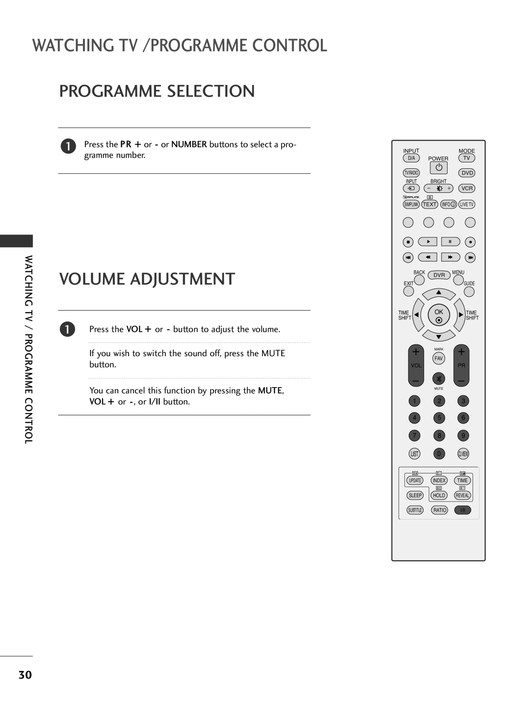 LG Electronics 50PG69, 42PG69 owner manual Programme Selection, Volume Adjustment 