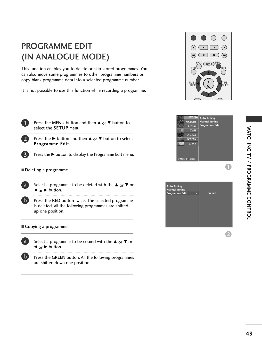 LG Electronics 42PG69, 50PG69 owner manual Programme Edit Analogue Mode 