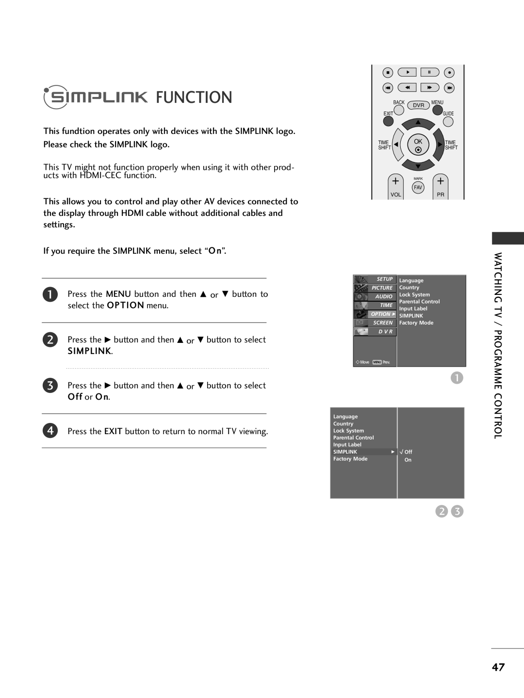 LG Electronics 42PG69, 50PG69 owner manual Function, Simplink 
