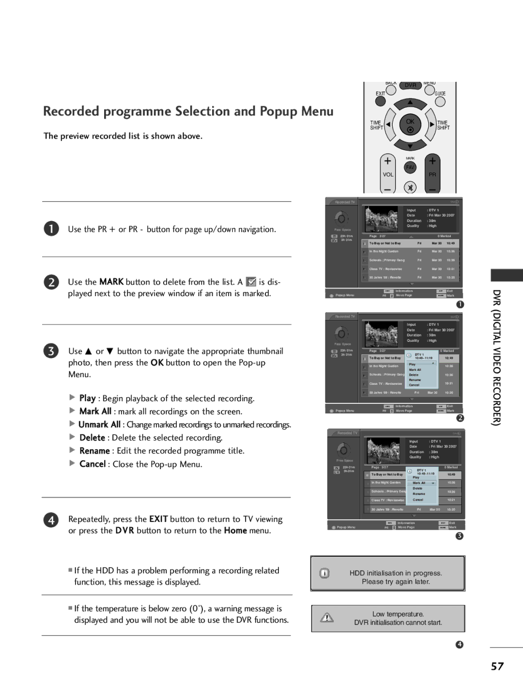 LG Electronics 42PG69, 50PG69 owner manual Recorded programme Selection and Popup Menu, Preview recorded list is shown above 