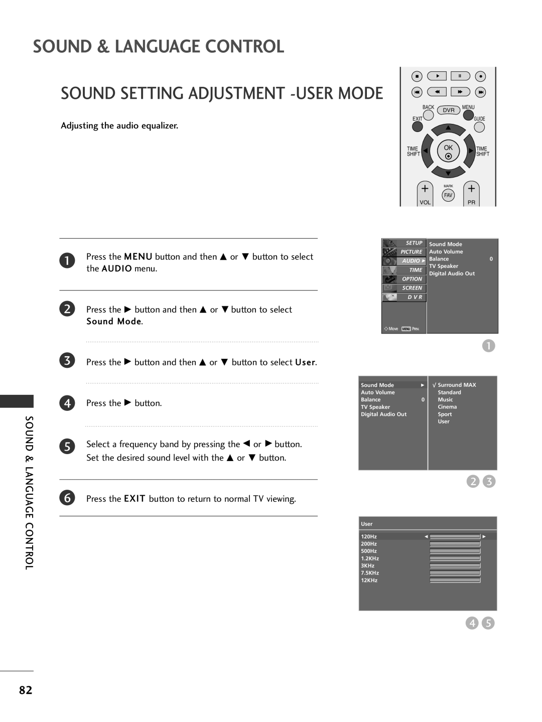 LG Electronics 50PG69, 42PG69 owner manual Sound Setting Adjustment -USER Mode, Adjusting the audio equalizer 