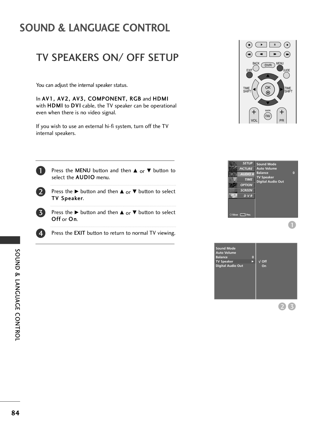 LG Electronics 50PG69, 42PG69 owner manual TV Speakers ON/ OFF Setup 