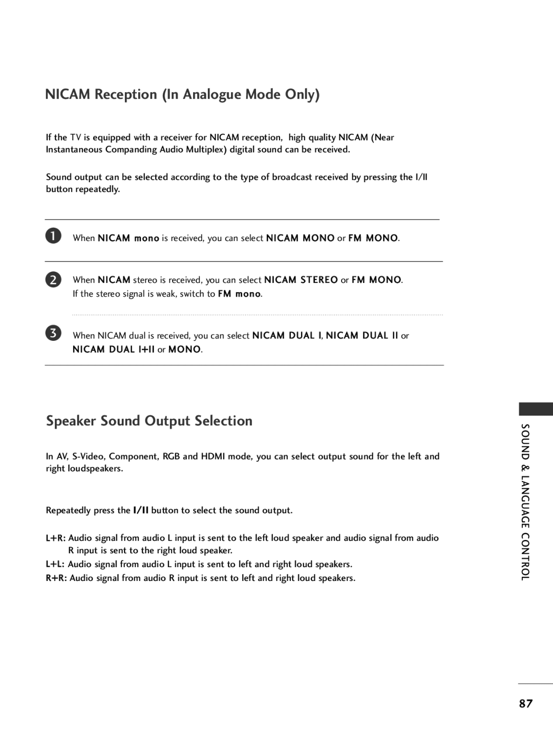 LG Electronics 42PG69, 50PG69 owner manual Nicam Reception In Analogue Mode Only, Speaker Sound Output Selection 