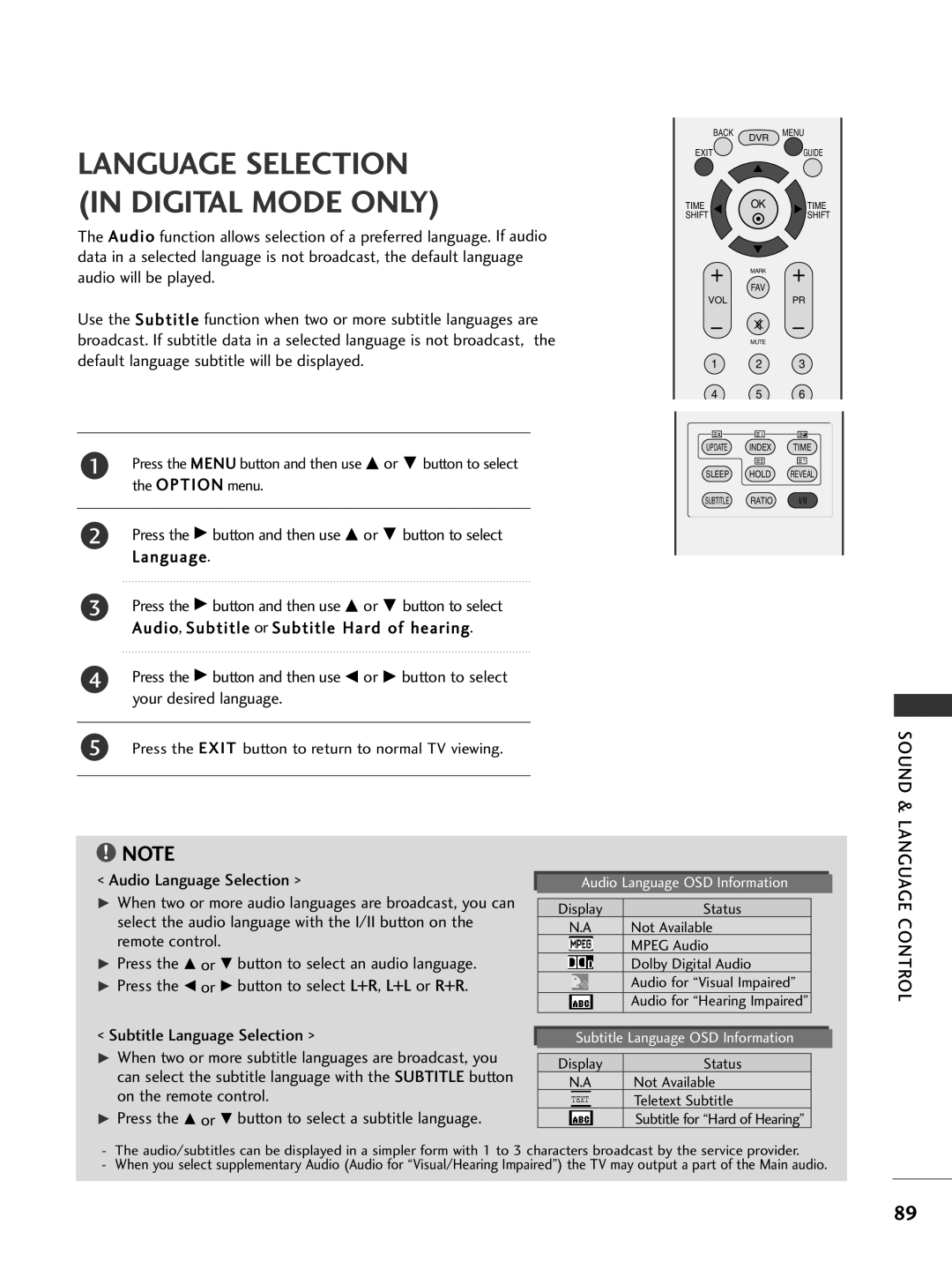 LG Electronics 42PG69, 50PG69 owner manual Language Control, Display Status Not Available Mpeg Audio Dolby Digital Audio 