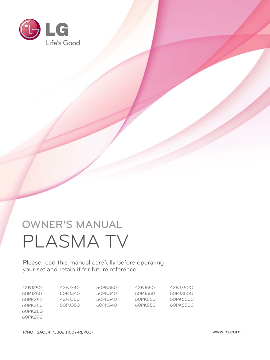 LG Electronics 42PJ350, 50PJ250, 42PJ250, 50PJ340, 50PK540, 50pk350, 50PK250, 50pk340 owner manual Plasma Tv, Owner’S Manual 