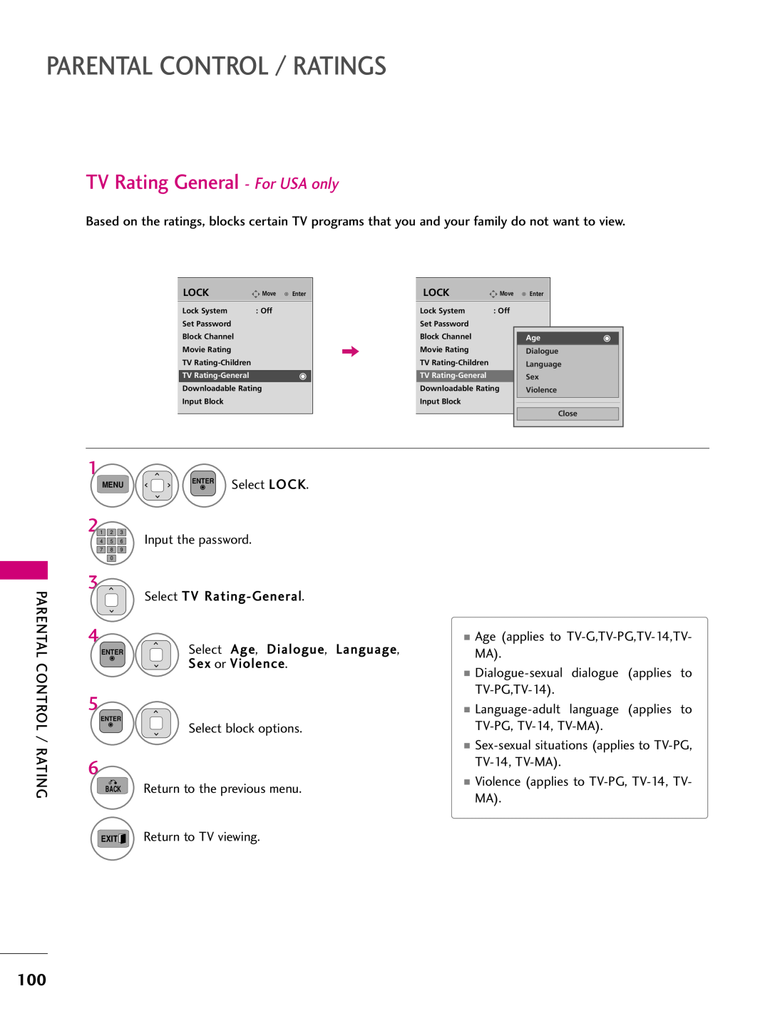 LG Electronics 42PJ550 TV Rating General - For USA only, Parental Control / Ratings, Dialogue Language Sex Violence Close 