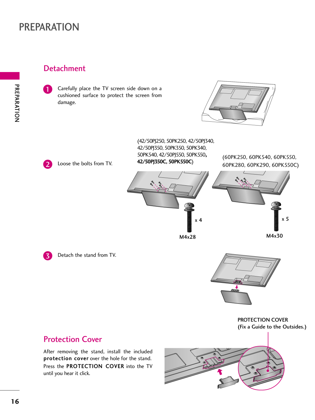 LG Electronics 50PJ340, 50PJ250, 42PJ350, 42PJ250, 50PK540 Detachment, Protection Cover, 42/50PJ350C, 50PK550C, Preparation 