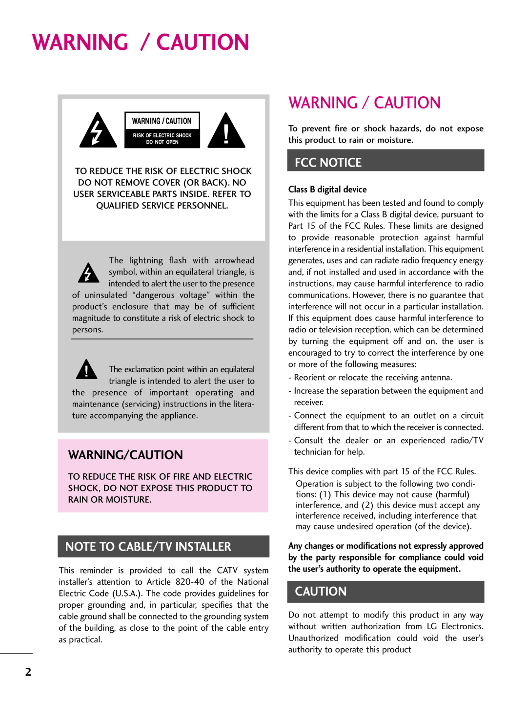 LG Electronics 42PJ250 Warning / Caution, Warning/Caution, Class B digital device, Note To Cable/Tv Installer, Fcc Notice 