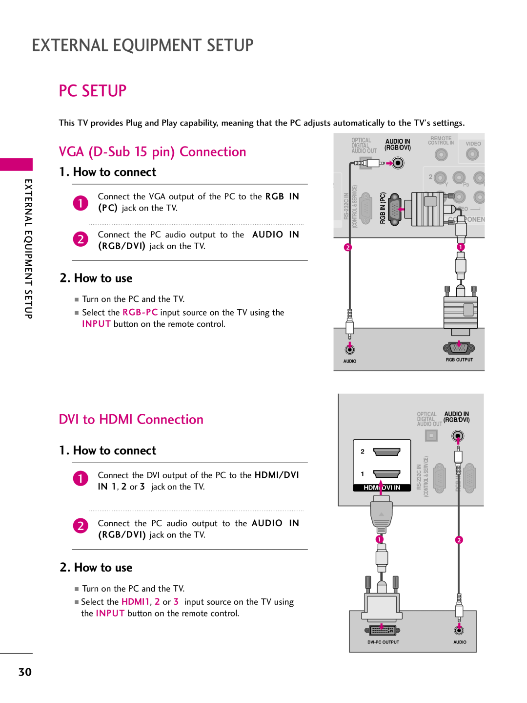 LG Electronics 50PK540 Pc Setup, VGA D-Sub 15 pin Connection, External Equipment Setup, DVI to HDMI Connection, How to use 