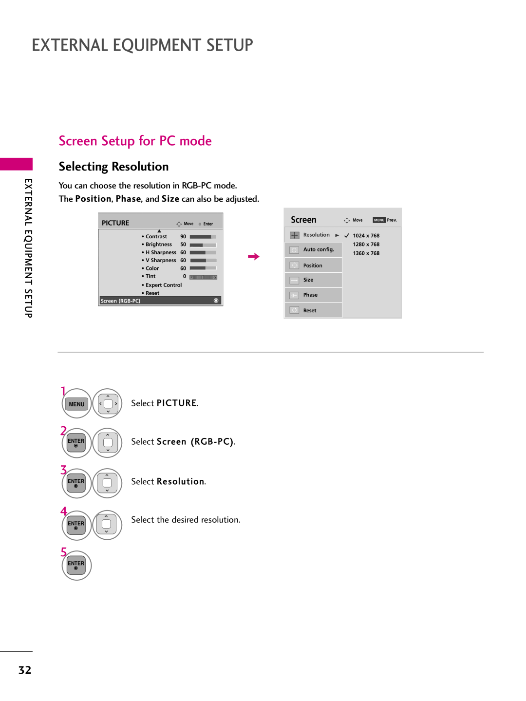 LG Electronics 50PK250 Screen Setup for PC mode, Selecting Resolution, External Equipment Setup, Select Screen RGB-PC 