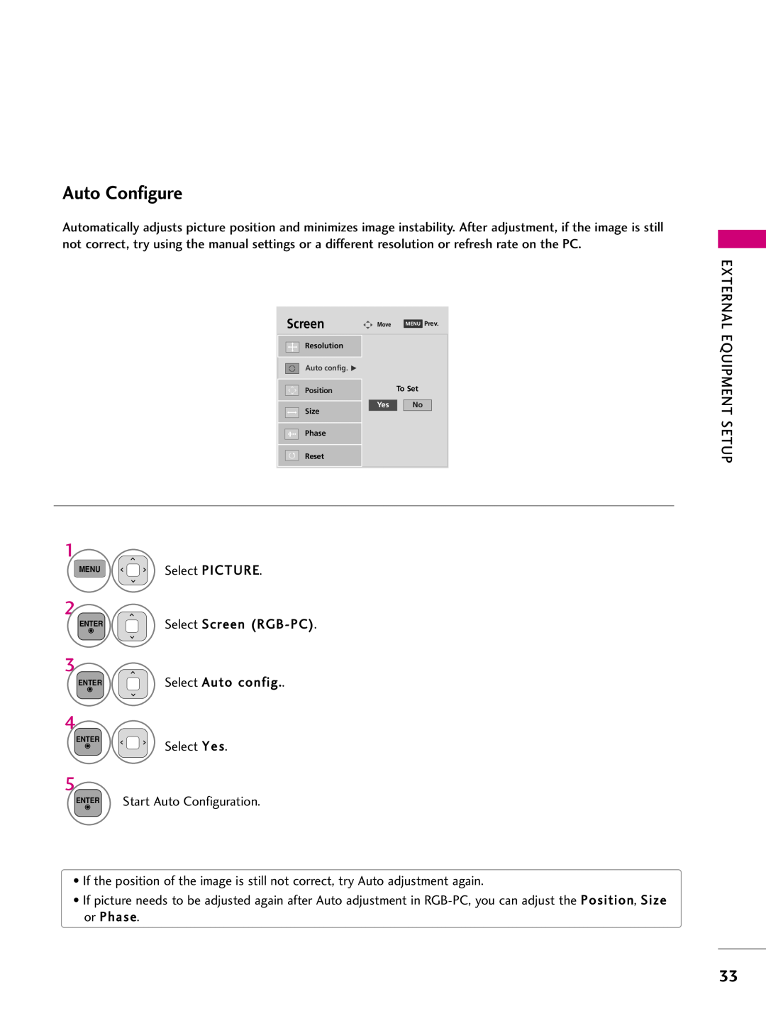 LG Electronics 50pk340 Auto Configure, External, Start Auto Configuration, Screen, Size, Equipment, Resolution, To Set 