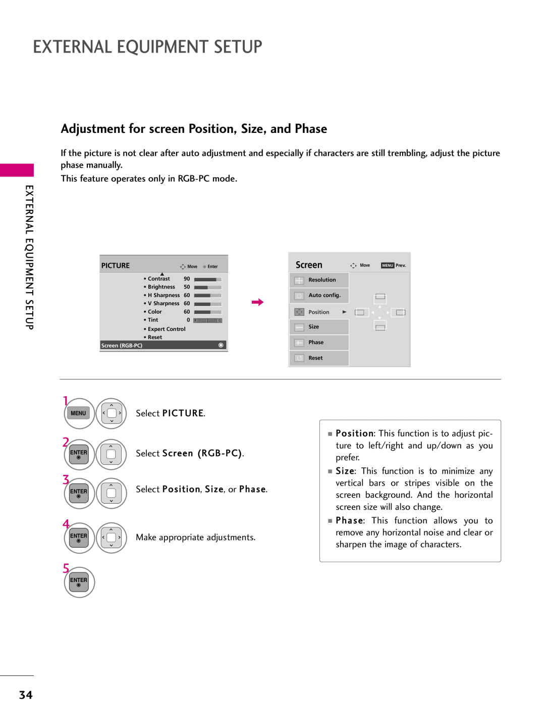 LG Electronics 42pj340, 50PJ250, 42PJ350 Adjustment for screen Position, Size, and Phase, External Equipment Setup, Screen 