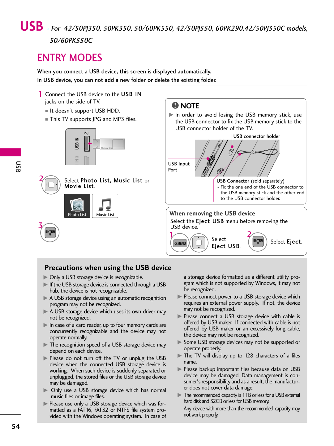 LG Electronics 42PJ250 Entry Modes, Precautions when using the USB device, 50/60PK550C, When removing the USB device 
