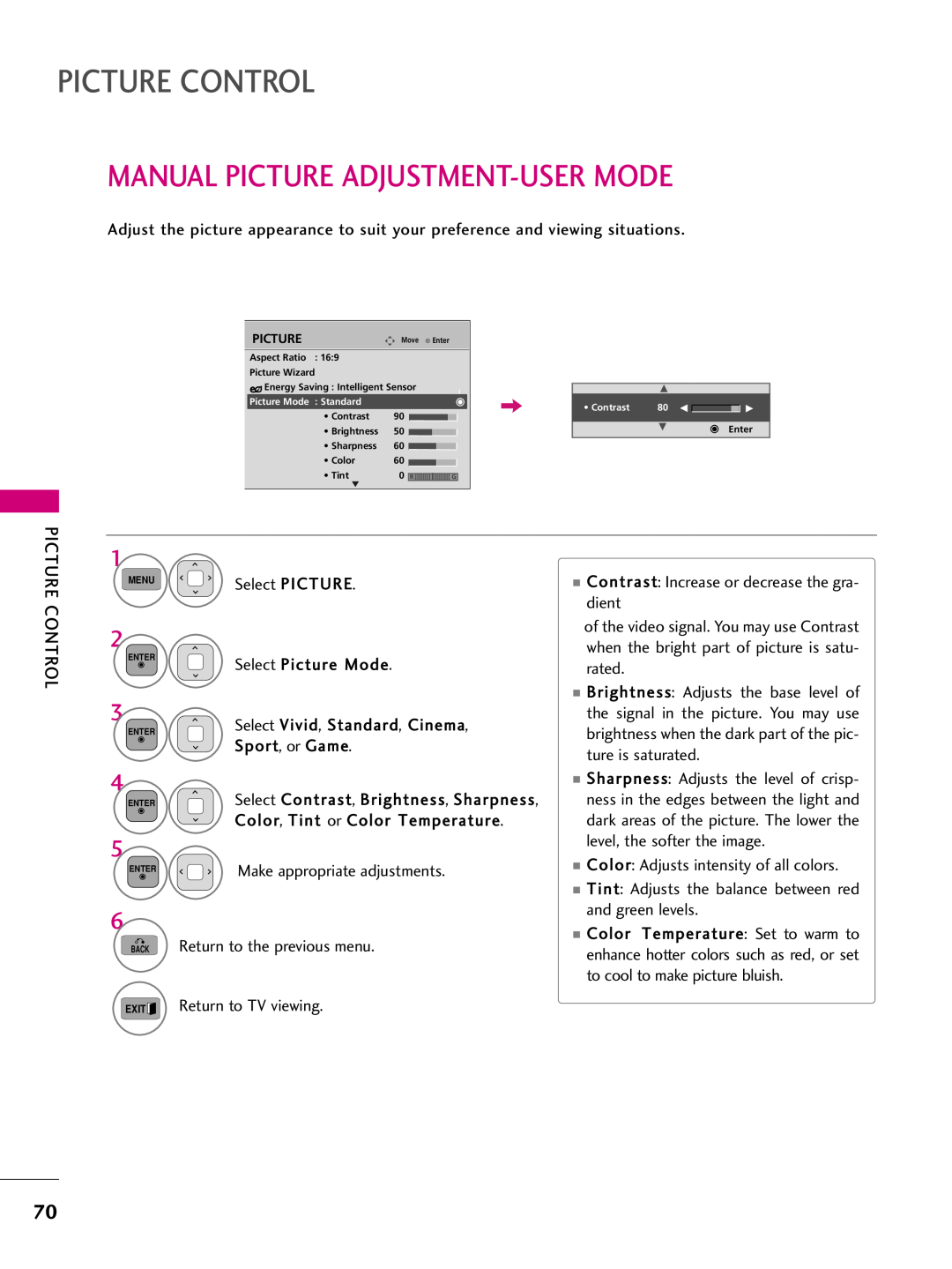 LG Electronics 50pk350, 50PJ250, 42PJ350, 42PJ250, 50PJ340, 50PK540 Manual Picture Adjustment-User Mode, Picture Control 