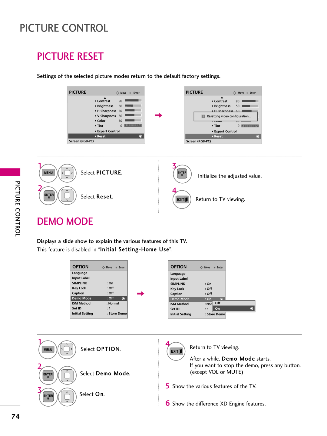 LG Electronics 42PJ550 Picture Reset, Demo Mode, Select PICTURE, Select Reset, Return to TV viewing, Picture Control 