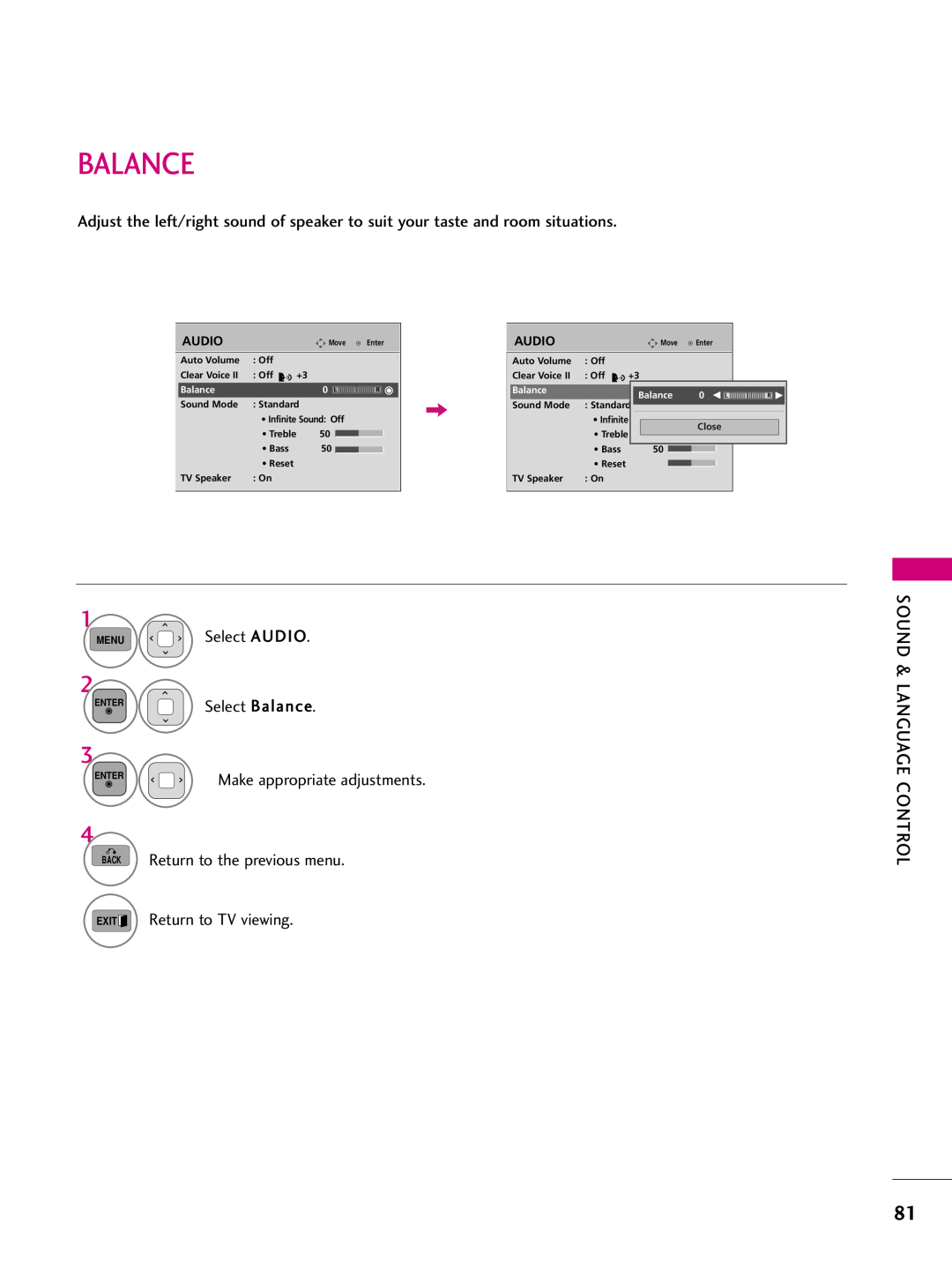 LG Electronics 50PJ340 Return to TV viewing, Select Balance, Make appropriate adjustments, Return to the previous menu 