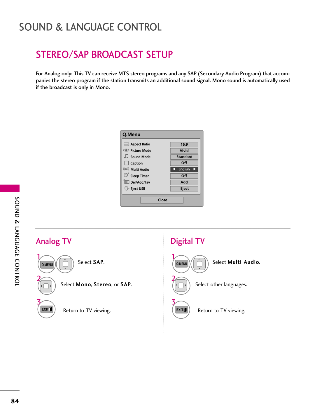 LG Electronics 50PK250 Stereo/Sap Broadcast Setup, Analog TV, Digital TV, Select Multi Audio, Sound & Language Control 