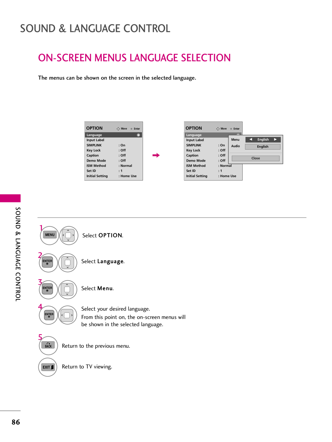 LG Electronics 42pj340 On-Screen Menus Language Selection, Sound & Language Control, Return to TV viewing, Option, Exit 