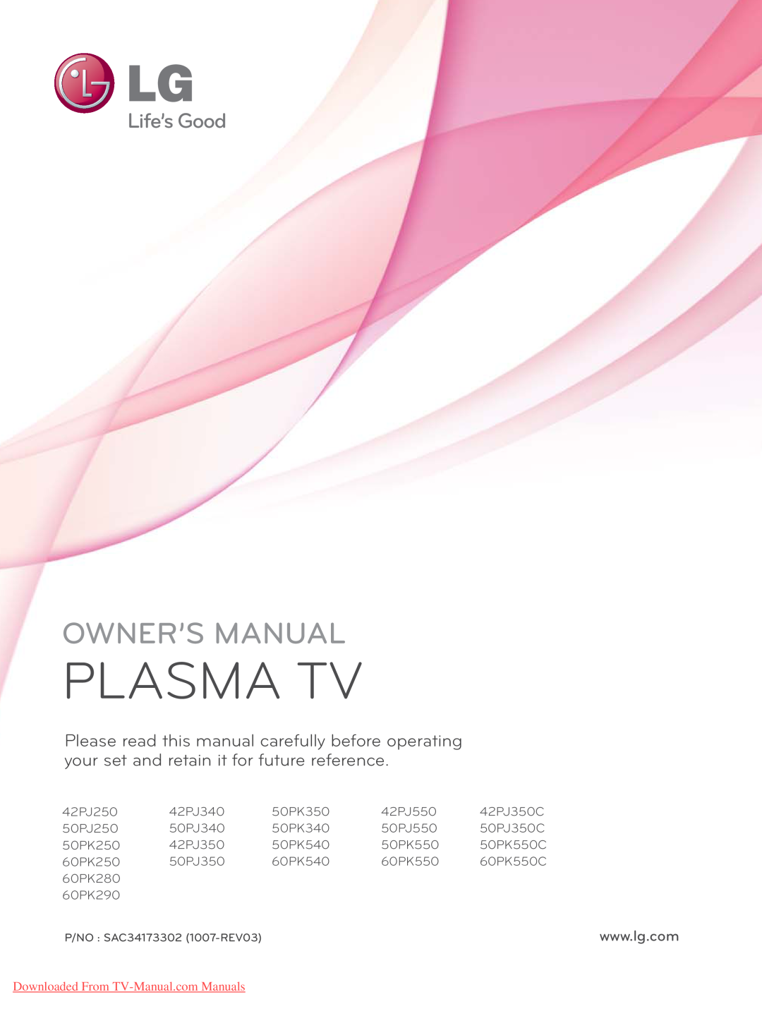 LG Electronics 50PJ250, 50PJ350, 42PJ350 owner manual Plasma Tv, Owner’S Manual, Downloaded From TV-Manual.com Manuals 