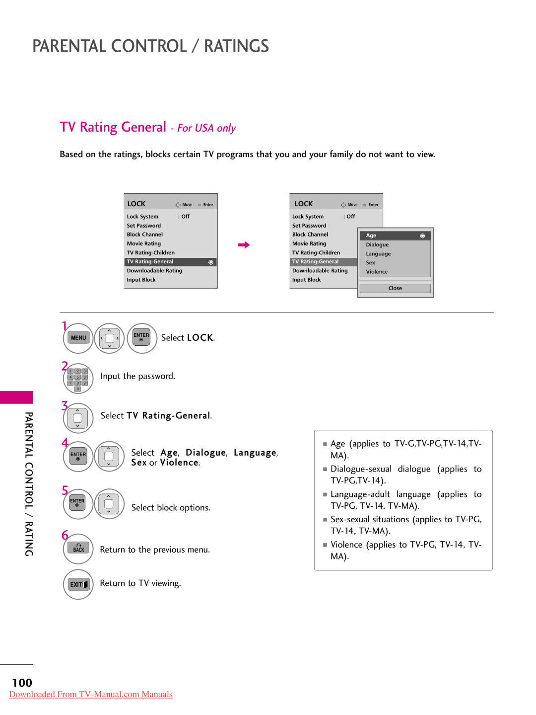 LG Electronics 50PJ550 TV Rating General - For USA only, Parental Control / Ratings, Dialogue Language Sex Violence Close 