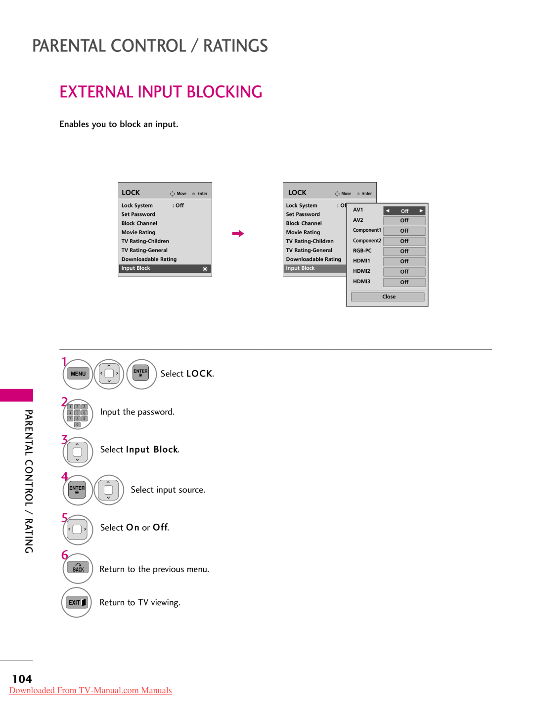 LG Electronics 60PK540 External Input Blocking, Parental Control / Ratings, Select LOCK, Lock, Exit, F Off G, Menu, Back 