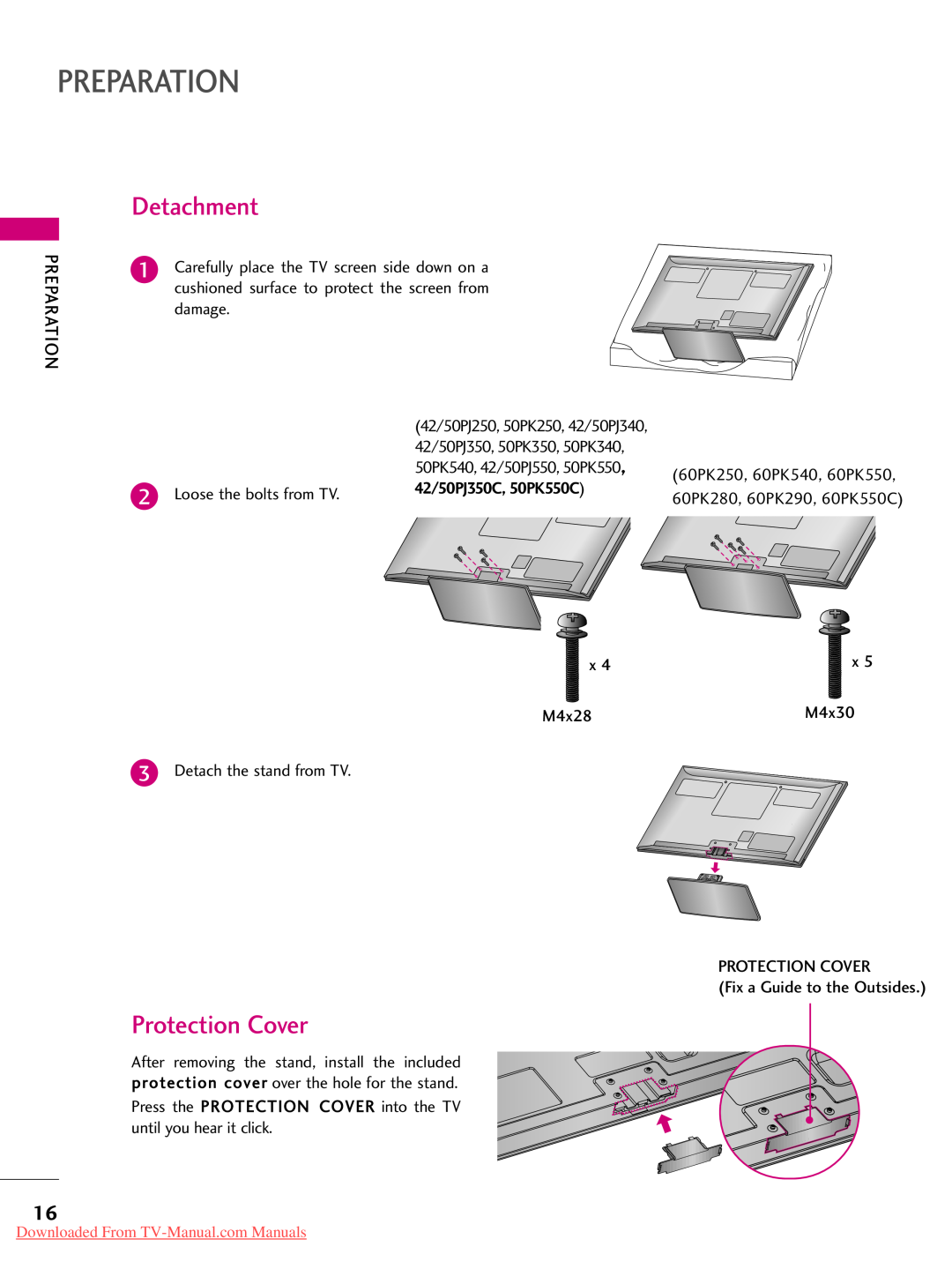 LG Electronics 60PK540, 50PJ250, 42PJ350, 42PJ250, 50PJ340 Detachment, Protection Cover, 42/50PJ350C, 50PK550C, Preparation 