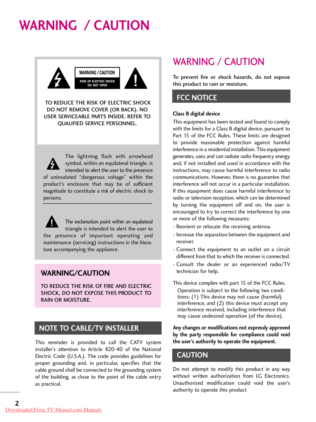 LG Electronics 42PJ350 Warning / Caution, Warning/Caution, Class B digital device, Note To Cable/Tv Installer, Fcc Notice 