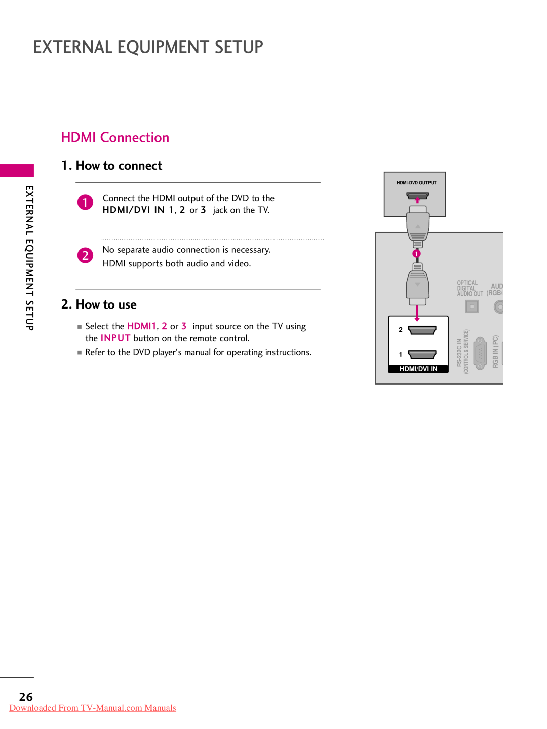 LG Electronics 50PK550, 50PJ350 External Equipment Setup, HDMI Connection, How to connect, How to use, Optical, Rgbin Pc 