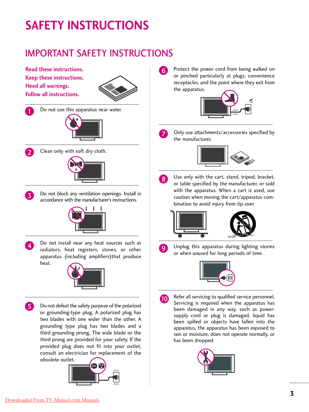 LG Electronics 42PJ250 Important Safety Instructions, Follow all instructions, Downloaded From TV-Manual.com Manuals 