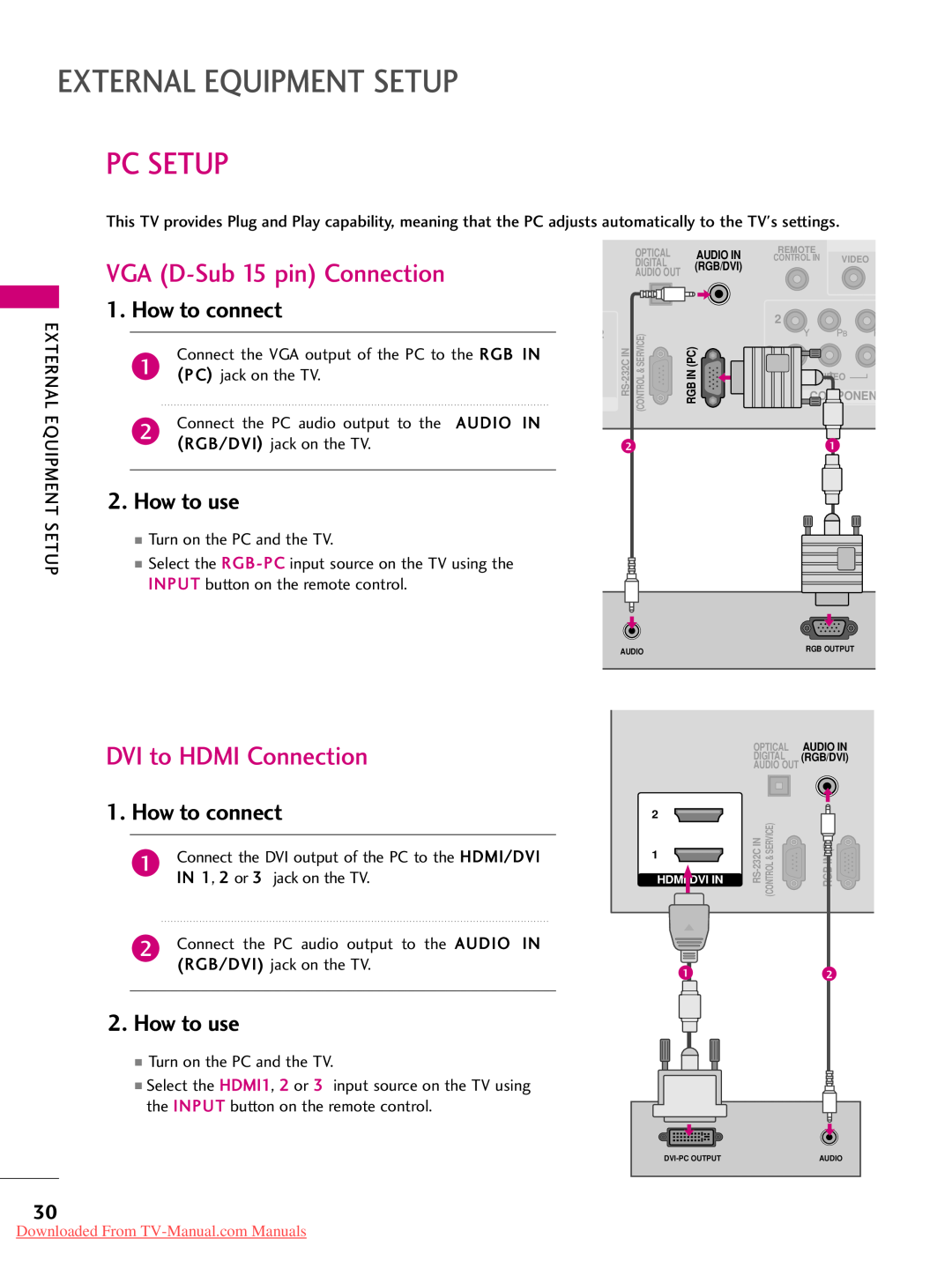 LG Electronics 50PK250 Pc Setup, VGA D-Sub 15 pin Connection, External Equipment Setup, DVI to HDMI Connection, How to use 