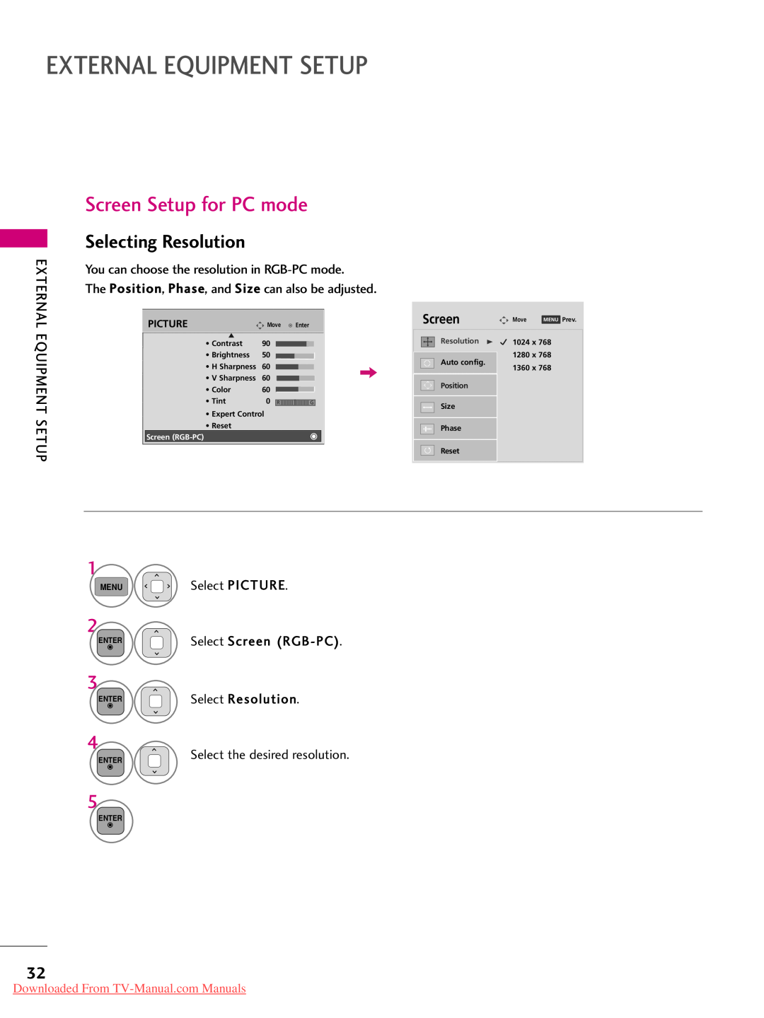 LG Electronics 50PJ350C Screen Setup for PC mode, Selecting Resolution, External Equipment Setup, Select Screen RGB-PC 