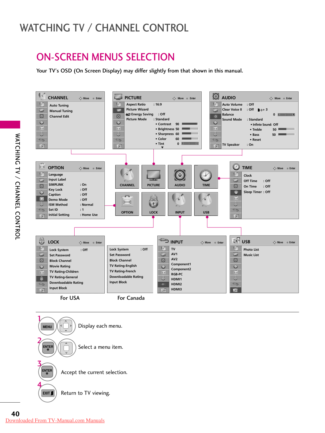 LG Electronics 60PK550 On-Screen Menus Selection, For Canada, Watching Tv / Channel Control, For USA, Return to TV viewing 