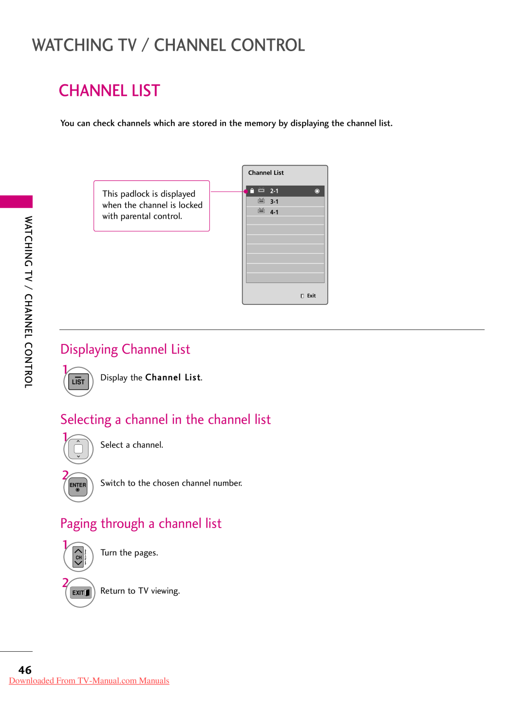 LG Electronics 42PJ350 Displaying Channel List, Selecting a channel in the channel list, Paging through a channel list 