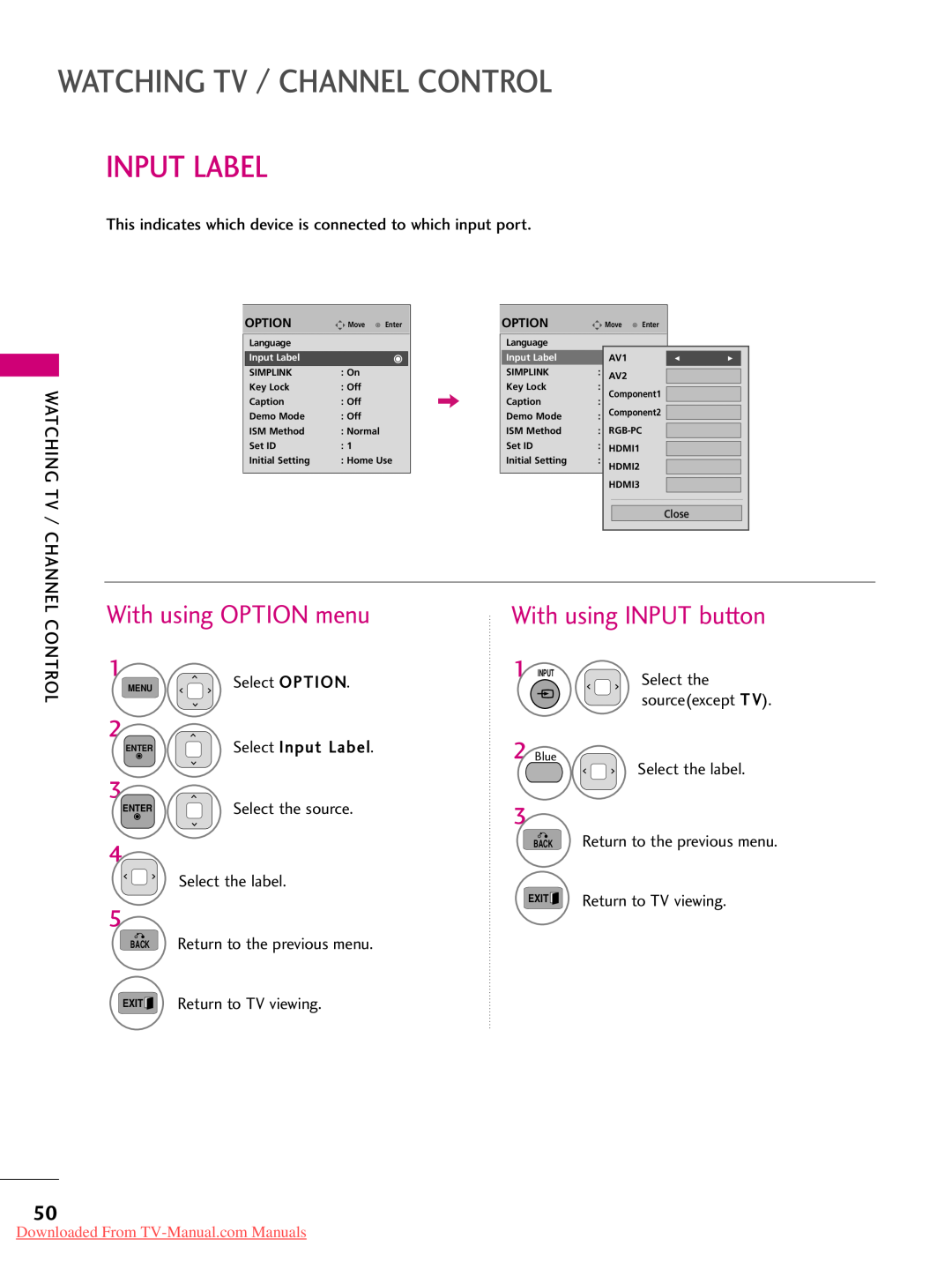 LG Electronics 50PK540 Input Label, With using OPTION menu, With using INPUT button, Watching Tv / Channel Control 