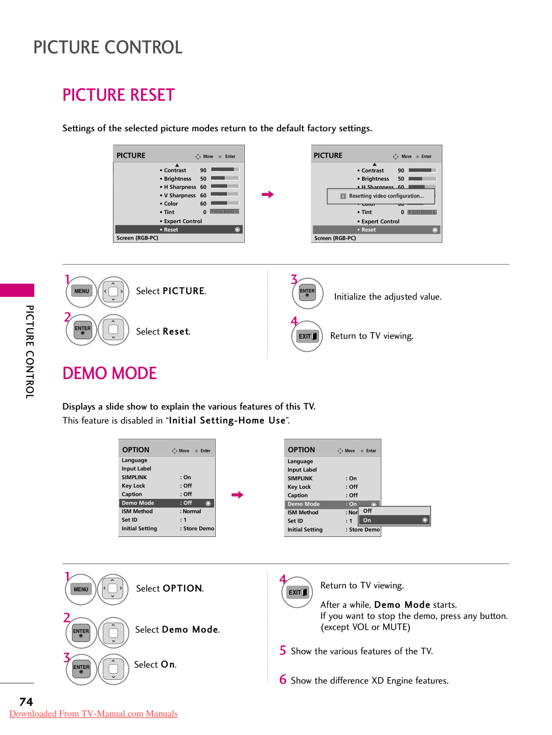 LG Electronics 50PK250 Picture Reset, Demo Mode, Select PICTURE, Select Reset, Return to TV viewing, Picture Control 