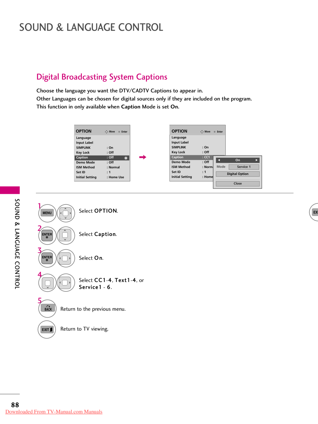 LG Electronics 50PJ350, 50PJ250, 42PJ350 Digital Broadcasting System Captions, Select OPTION, Sound & Language Control 