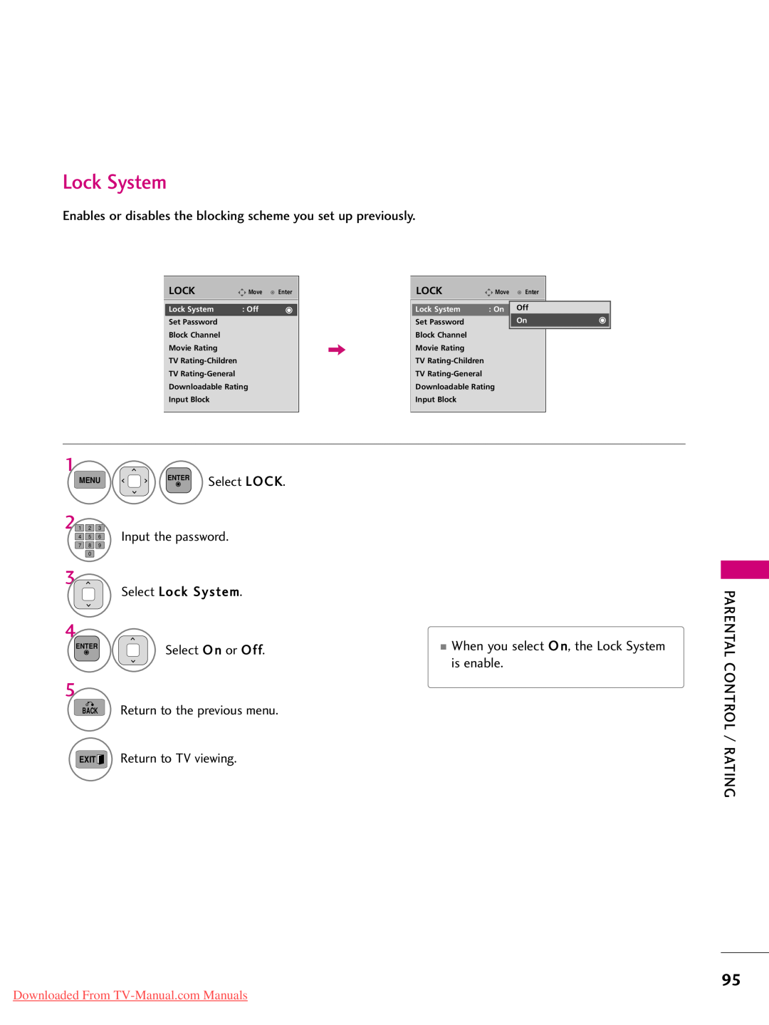 LG Electronics 50pk350 Lock System, Select O n or Off, Downloaded From TV-Manual.com Manuals, Set Password, Enter, Move 