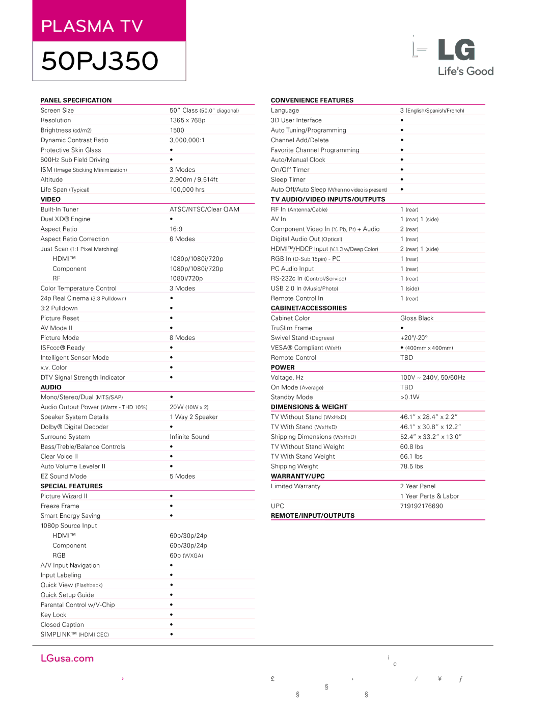 LG Electronics 50PJ350 Panel Specification, Video, Audio, Special Features, Convenience Features, Cabinet/Accessories 